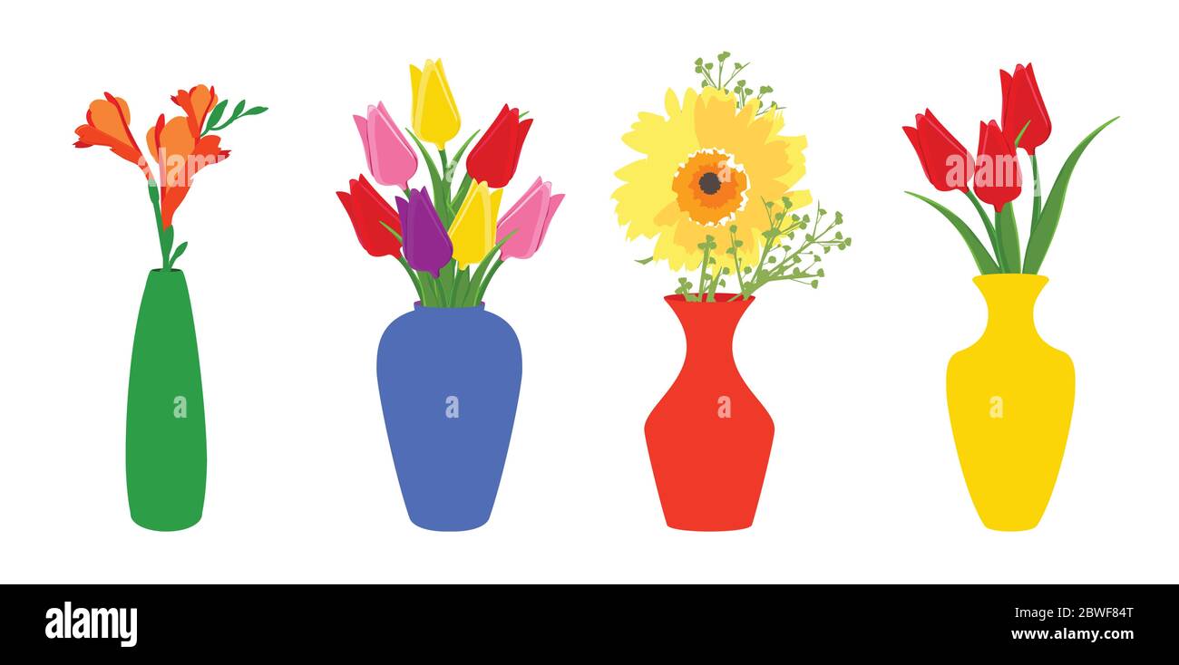 Set Of Colored Vases With Blooming Flowers For Decoration And