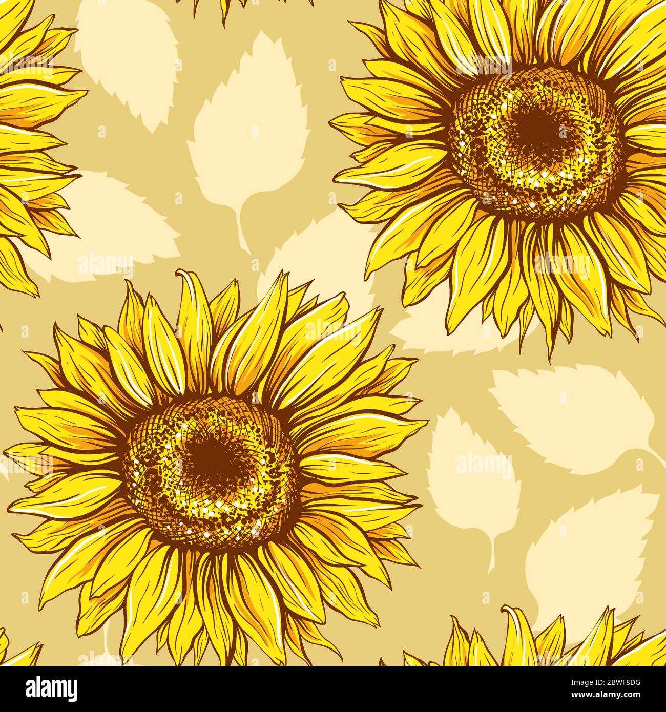sunflowers-field-seamless-vector-pattern-for-fabric-textile-design-flat-colors-easy-to-print-line-art-colored-yellow-wildflowers-with-pastel-orange-leaves-silhouettes-stock-vector-image-art-alamy