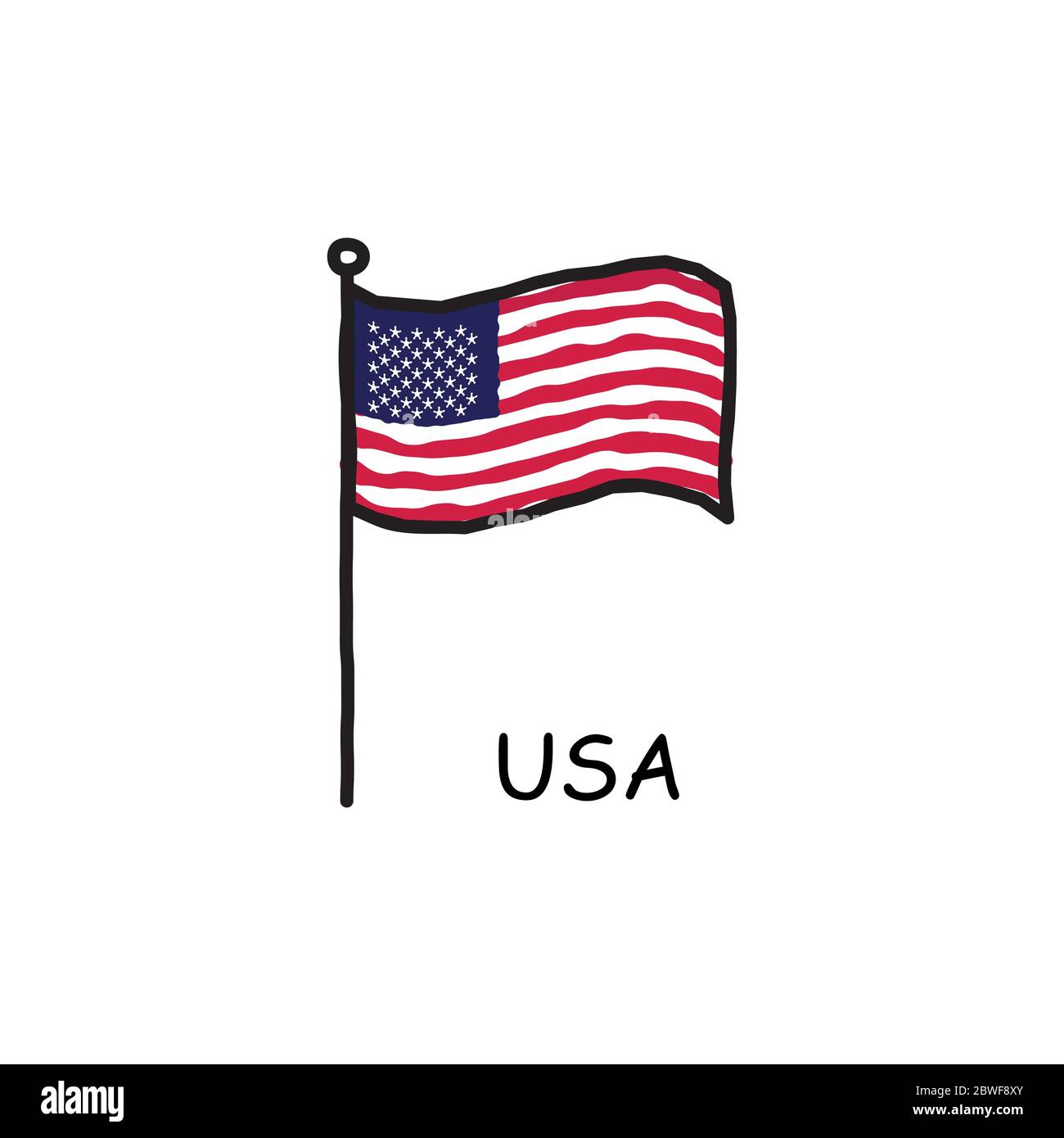 Hand Drawn Sketchy Usa Flag On The Flag Pole Stock Vector Illustration