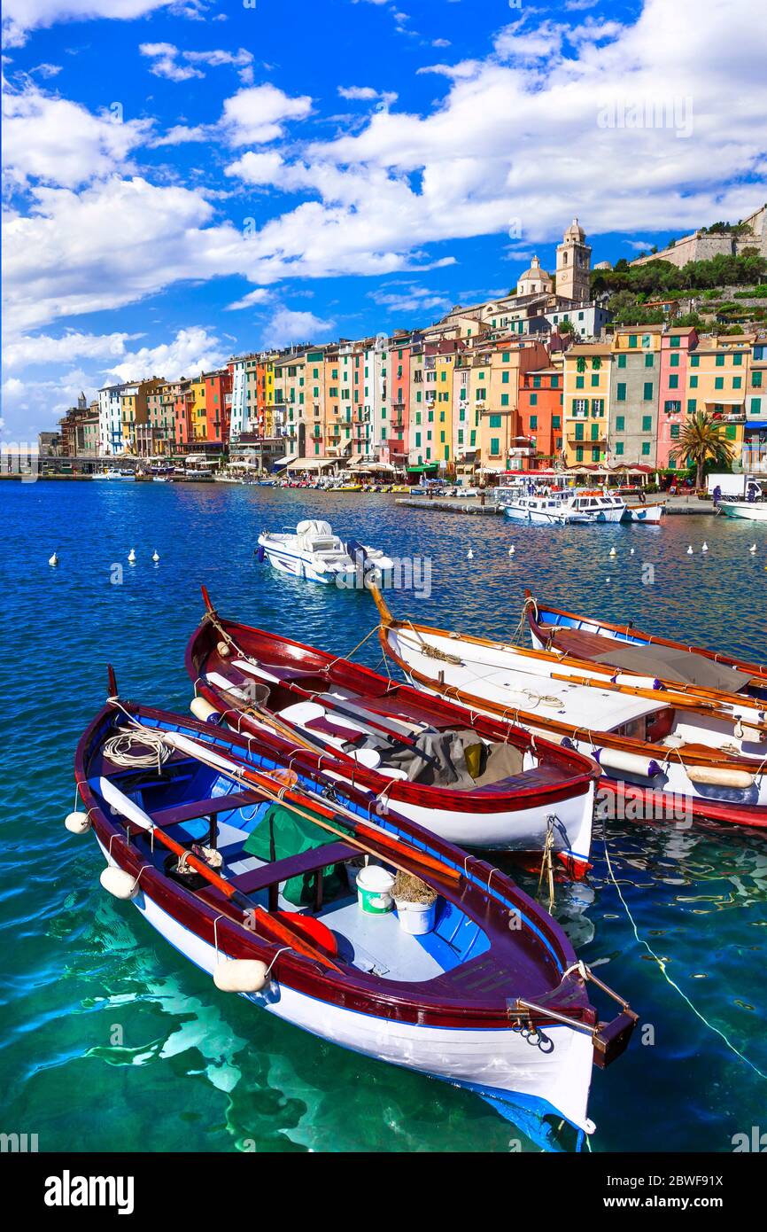 Famous  'Cinque terre' in Italy - beautiful Portovenere fishing village in Liguria and popular tourist attraction Stock Photo