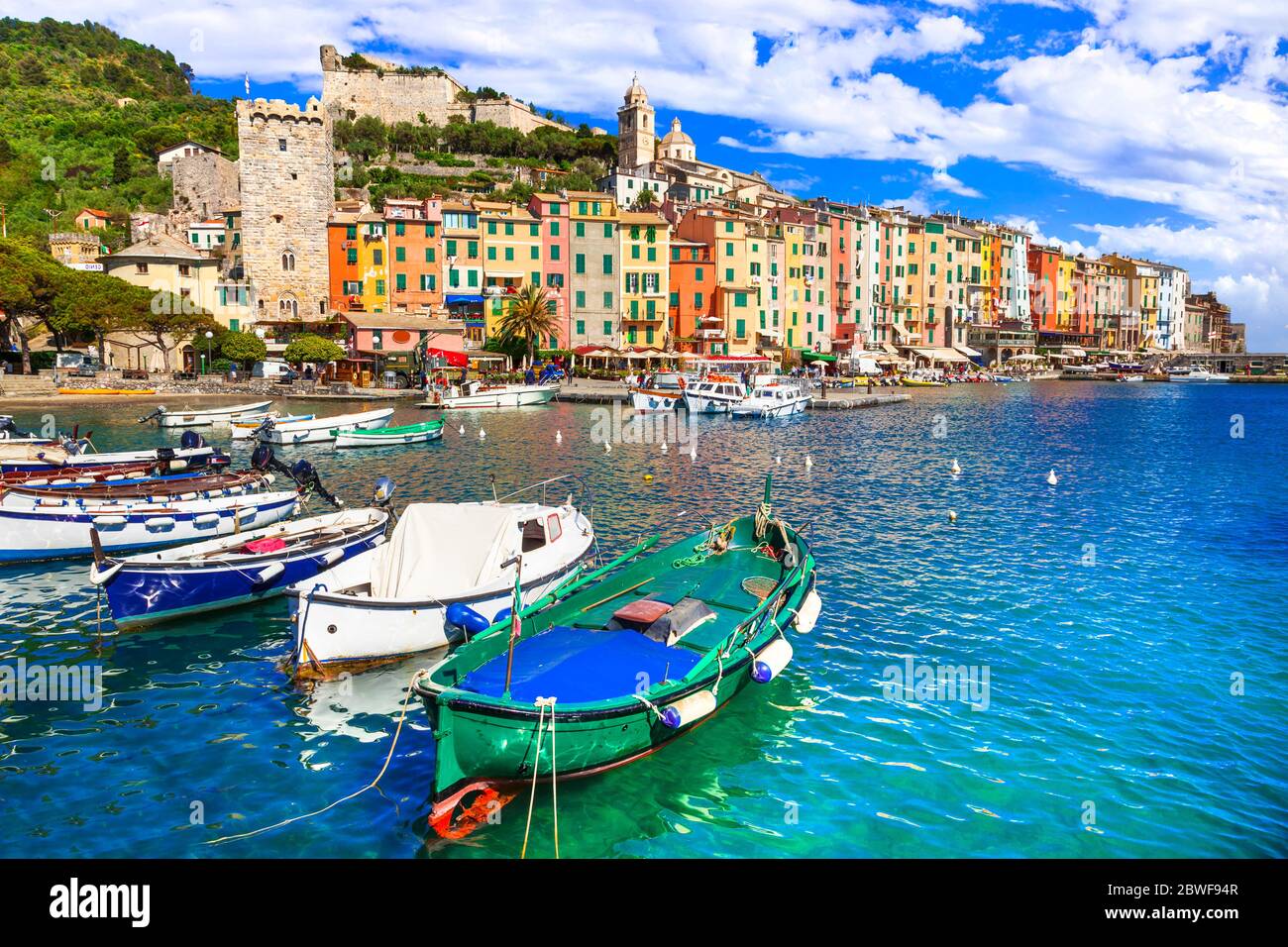 Famous  'Cinque terre' in Italy - beautiful Portovenere fishing village in Liguria and popular tourist attraction Stock Photo