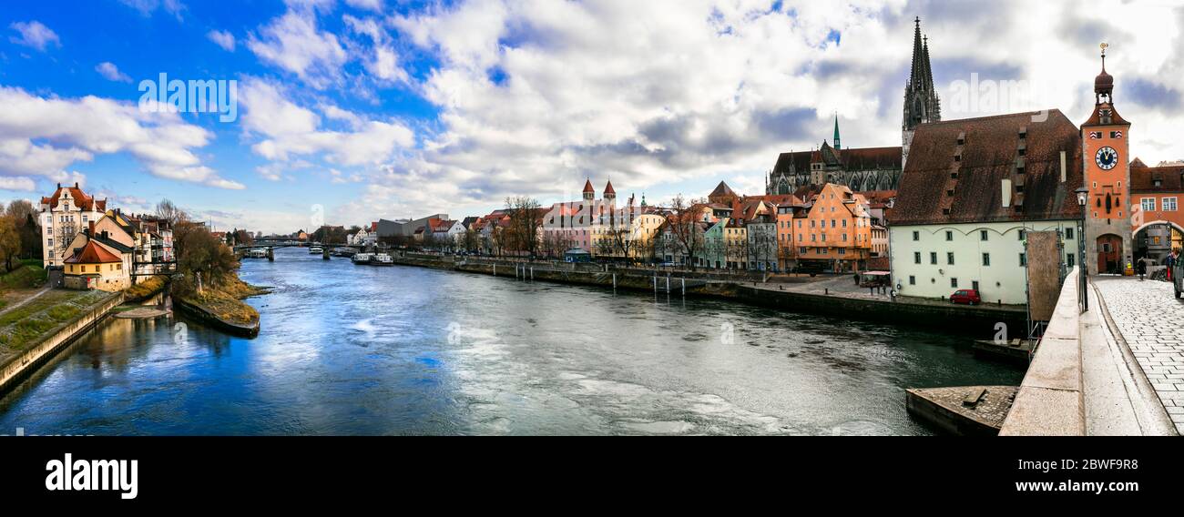 Beautiful towns of Germany - scenic medieval Regensburg over Danube river. Landmarks of Bavaria Stock Photo