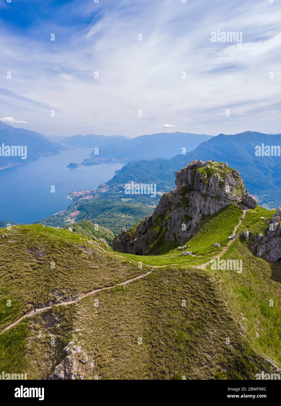 Aerial view of Lake Como and Tremezzina from the top of Mount Grona over Menaggio. Menaggio, Como Lake, Lombardy, Italy, Europe. Stock Photo