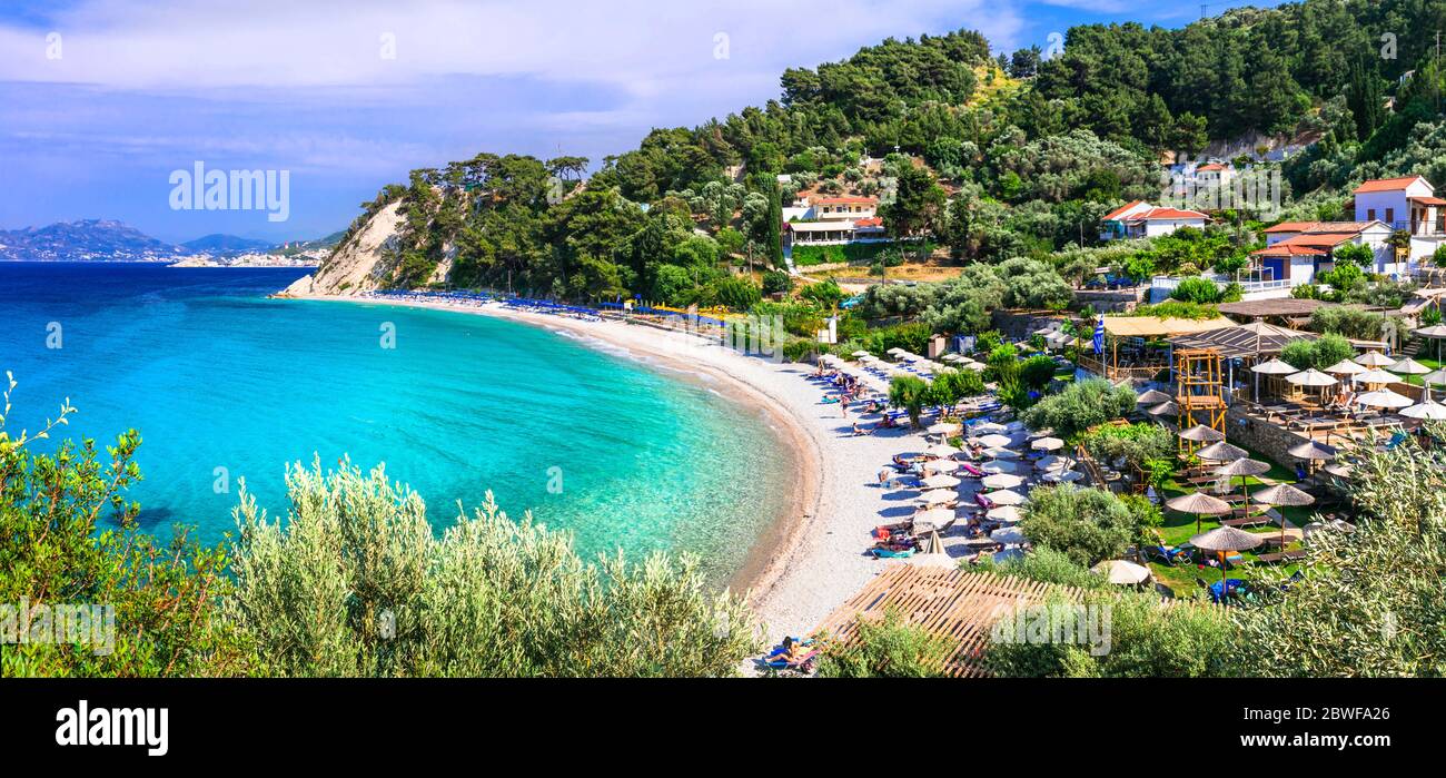 Best beaches of Greece with Blue flag  - Tsamadou with turquoise sea.  Samos island Stock Photo