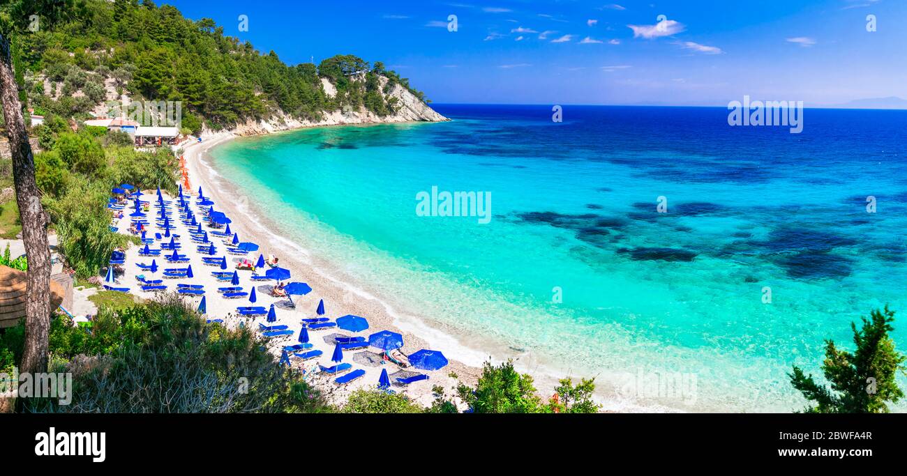 Best beaches of Greece with Blue flag  - Lemonakia with turquoise sea.  Samos island Stock Photo
