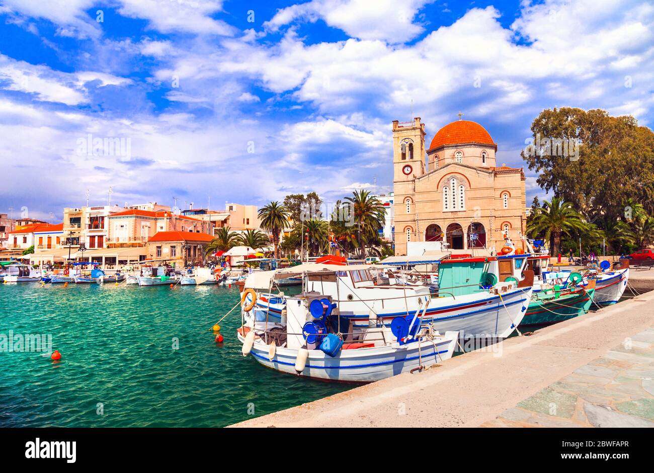 Traditional greek fishing villages. Aegina island. Saronic gulf of Greece.  Popular tourist destination Stock Photo