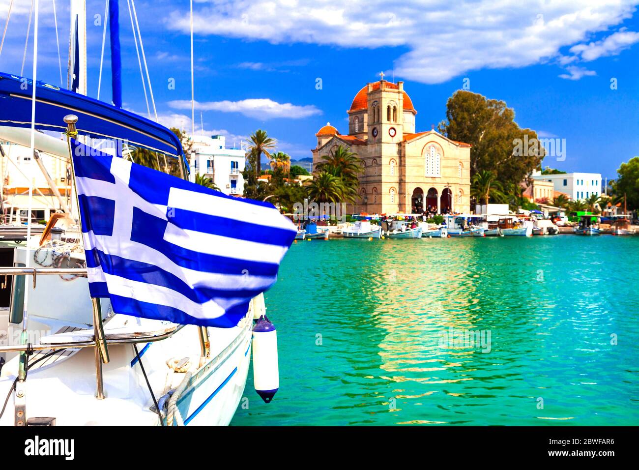 Traditional greek fishing villages. Aegina island. Popular tourist destination Stock Photo