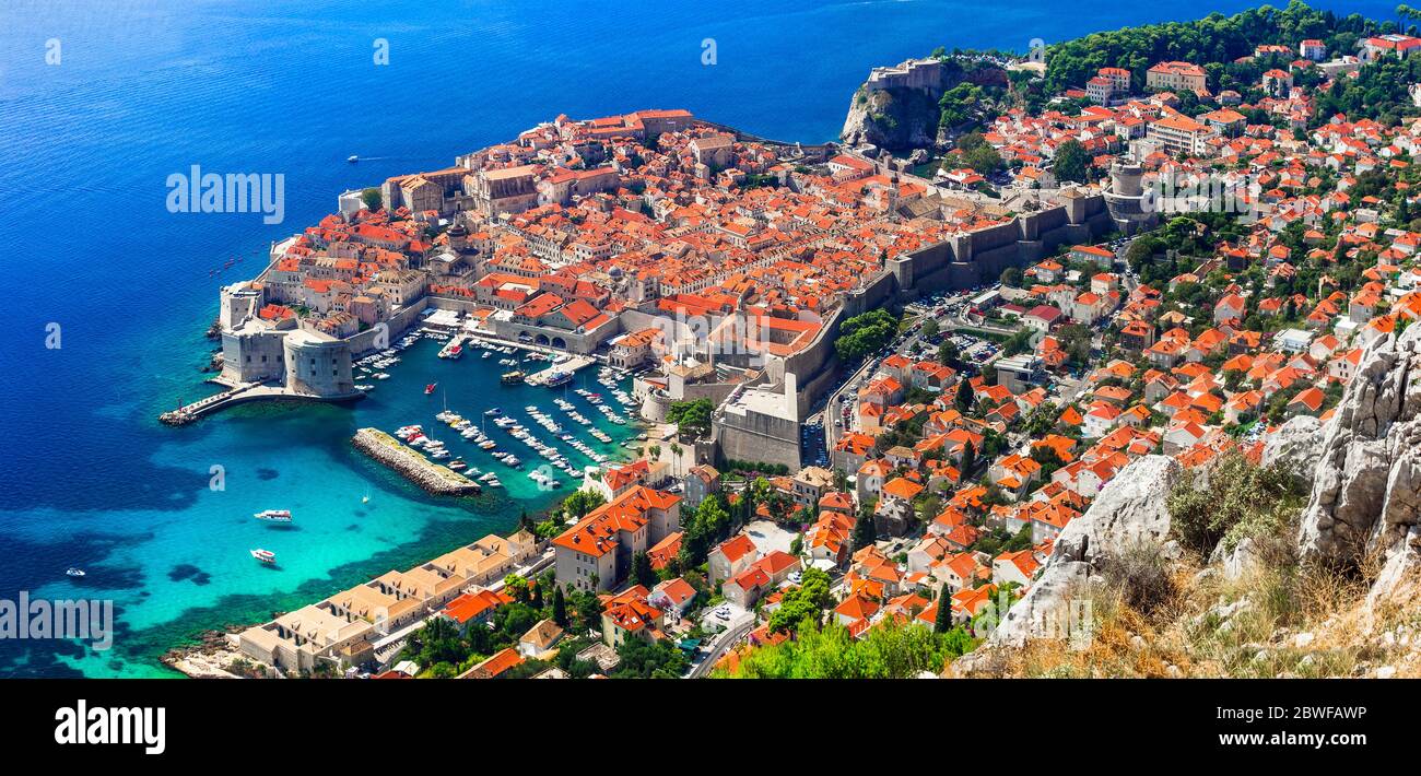 Splendid Dubrovnik town - pearl of Adriatic coast. Aerial view of old fortified town. Landmarks of Croatia Stock Photo
