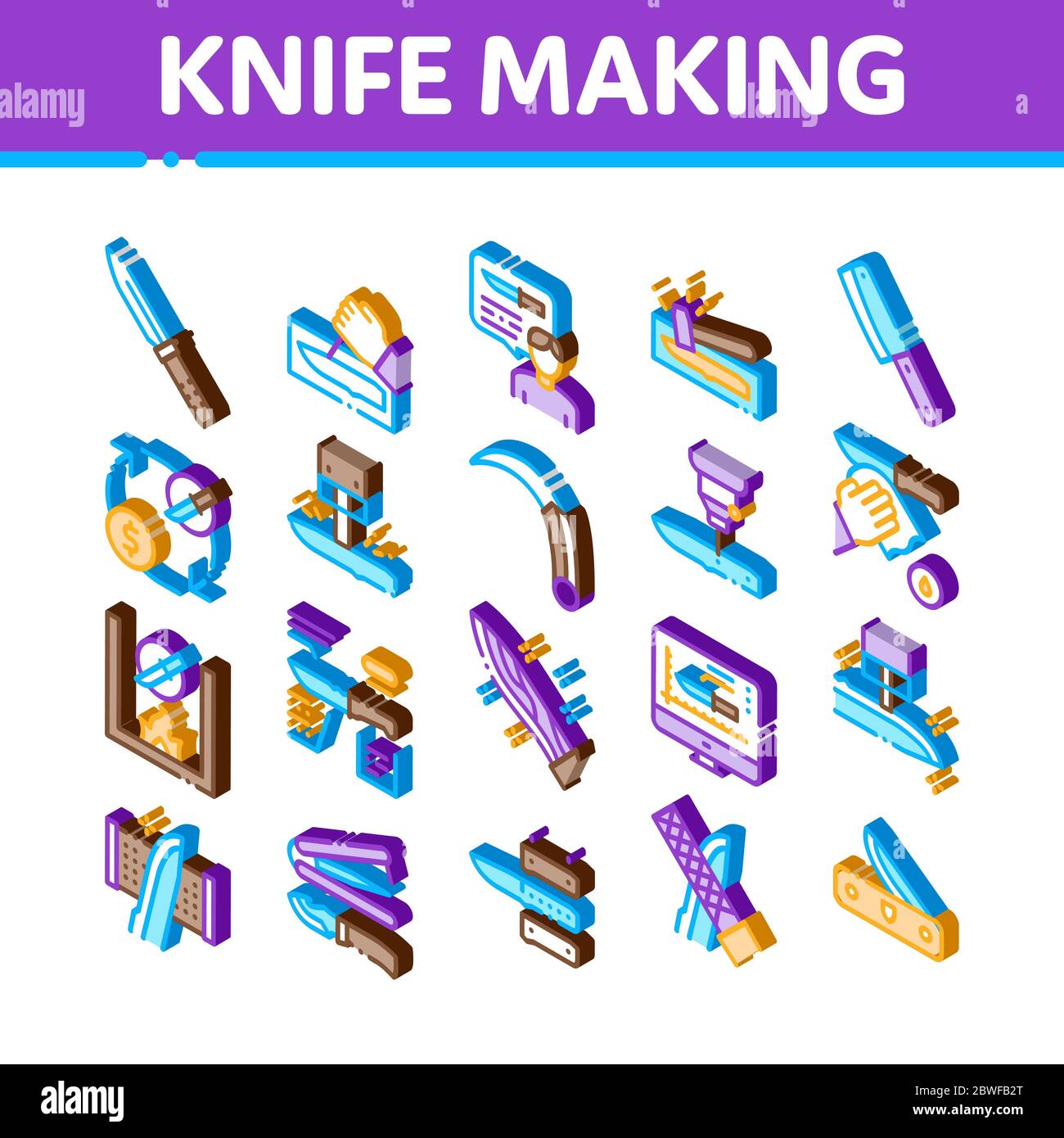 Knife Making Utensil Isometric Icons Set Vector Stock Vector
