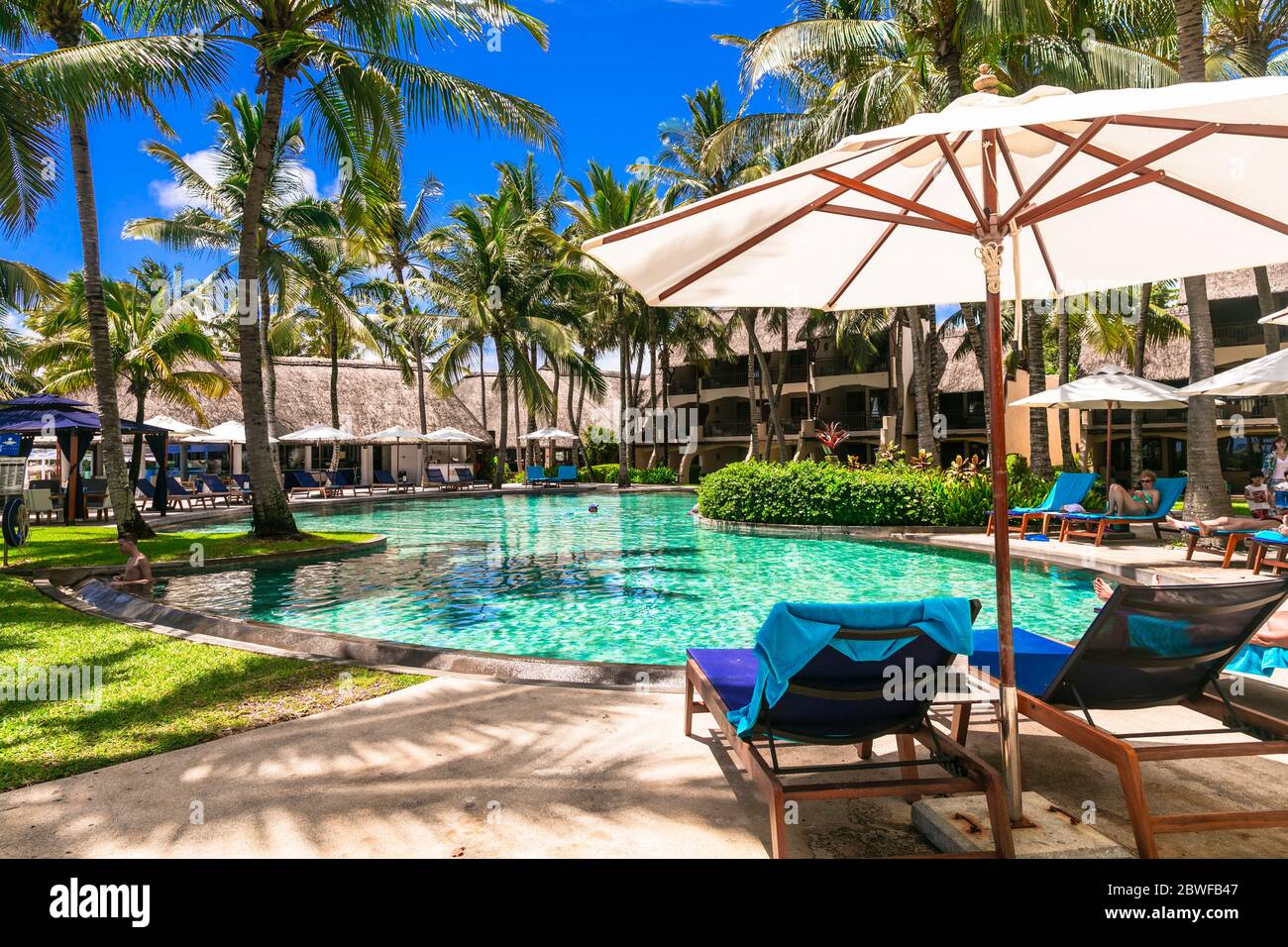 luxury 5 star resort territory with swimming pool and hotel rooms - Constance Belle Mare Plage. Mauritius island. Pointe de flacq , Belle Mare. Februa Stock Photo