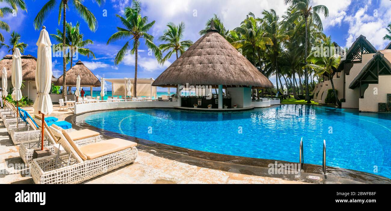 luxury 5 star resort territory with swimming pool and hotel rooms - Constance Belle Mare Plage. Mauritius island. Pointe de flacq , Belle Mare. Februa Stock Photo