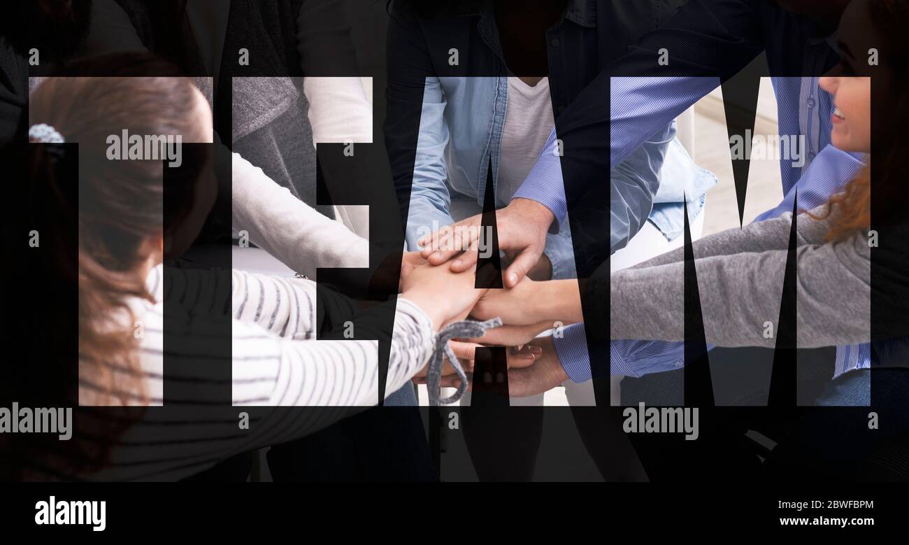 Teamwork Concept. Creative Collage Of United People Stacking Their Hands Together Stock Photo