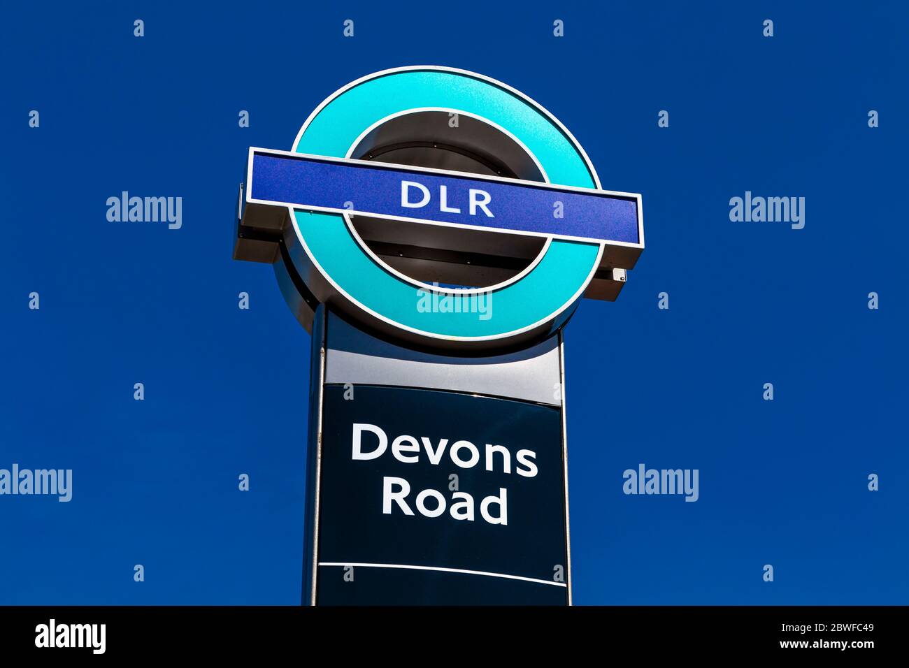 Sign for Devons Road DLR station, London, UK Stock Photo