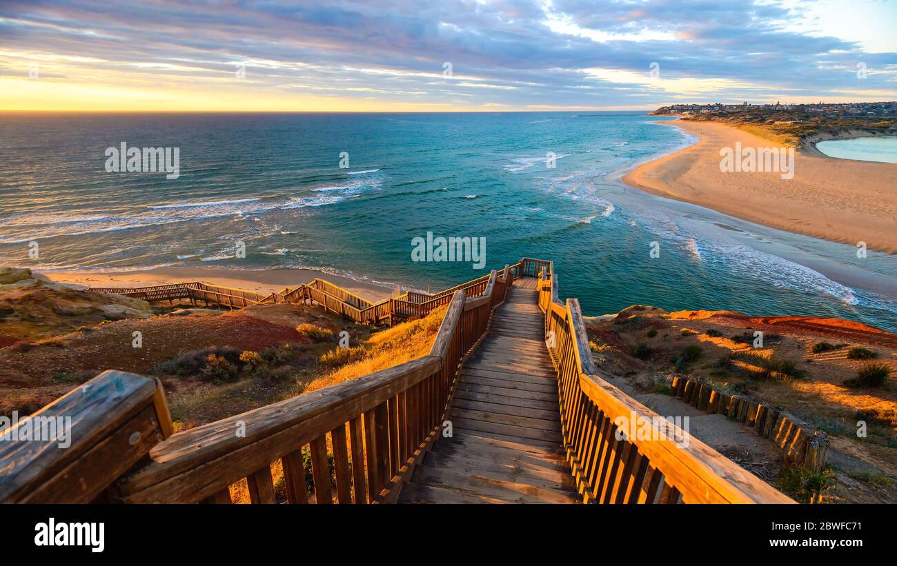 South Port Beach boardwalk at sunset, Port Noarlunga, South Australia Stock Photo