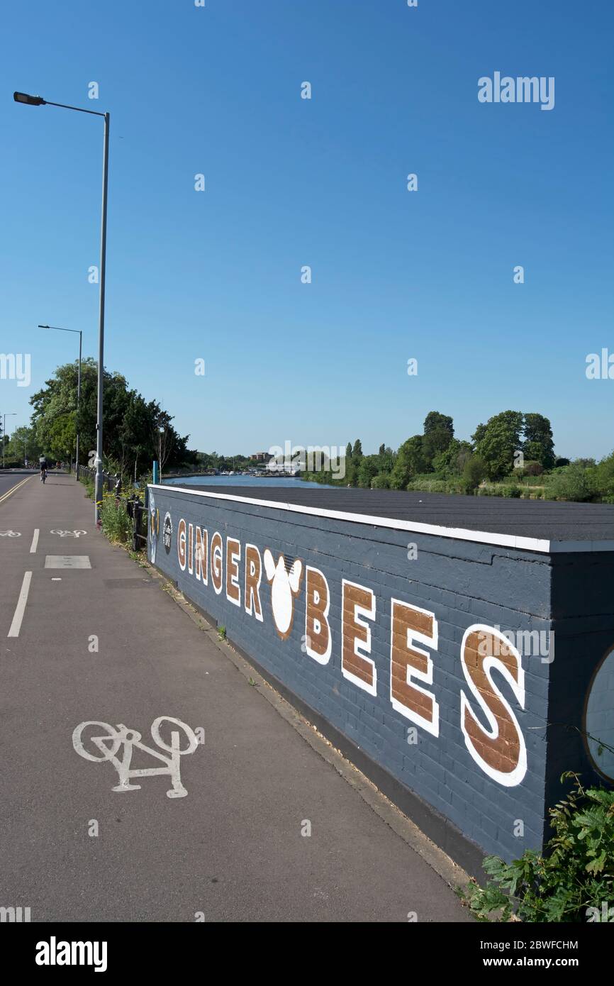 beside a cycle track, the street-facing rear wall of the ginger bees cafe, beside the river thames in kingston upon thames, surrey, england Stock Photo
