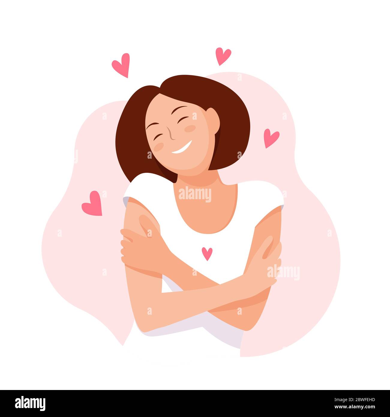 Love yourself. Love your body concept. Girl Healthcare Skincare. Take time for your self. Vector illustration. Woman hugging herself. Care Stock Vector