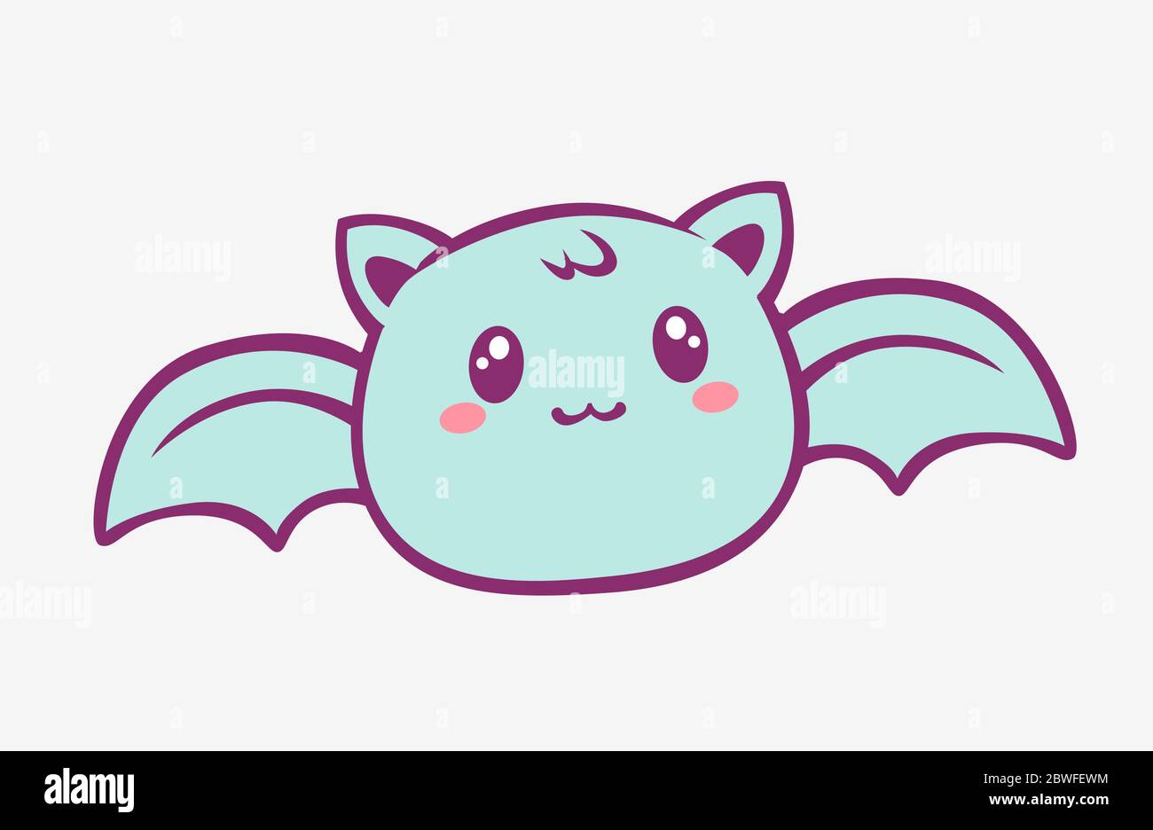 Kawaii bat cartoon. Enthusiastic funny little blue bat with wings and