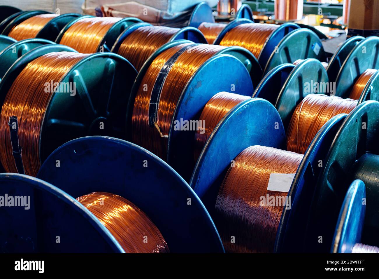 Production of copper wire, cable in reels at factory. Cable factory