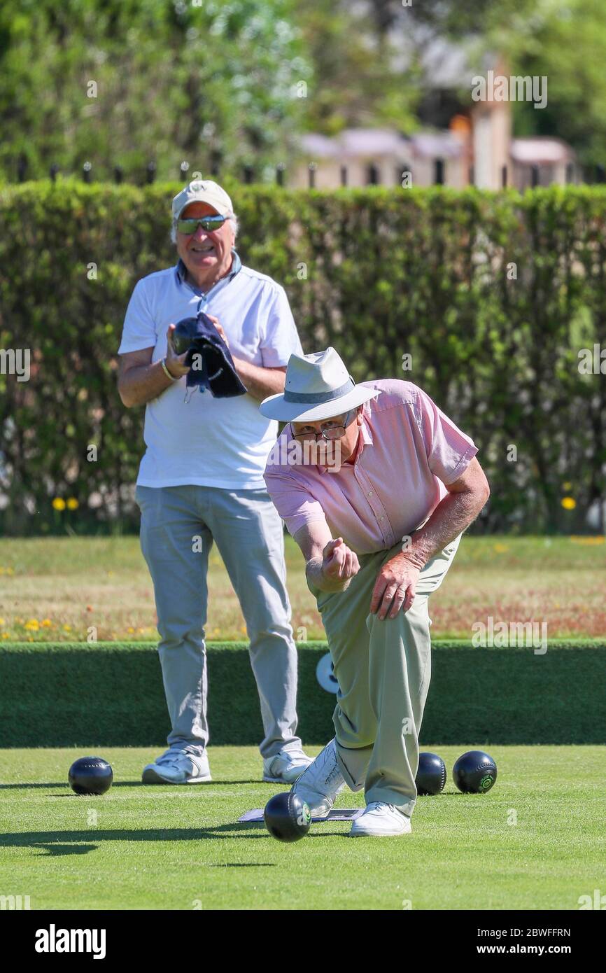 Troon, UK. 01st June, 2020. Troon Bowling Club, one of the oldest bowling clubs in Scotland, opened after the Covid 19 lockdown regulations were loosened, began this years season with singles'games between some of the club's past presidents. The club closed on 19th September 2019, at the end of the bowling season and it was expected to open mid-March 2020 as normal, but the pandemic lock down has made this the longest closure in the club's history .as far as anyone could remember. Pictured HUGH McERGOW Credit: Findlay/Alamy Live News Stock Photo