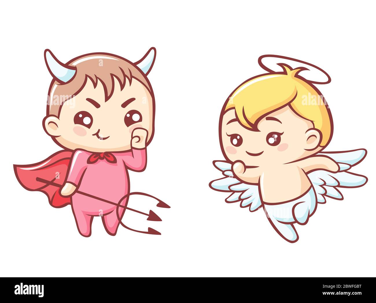 Little angel and demon cartoon. Kawaii cute angel with halo and funny demon  trident in red cloak Stock Vector Image & Art - Alamy