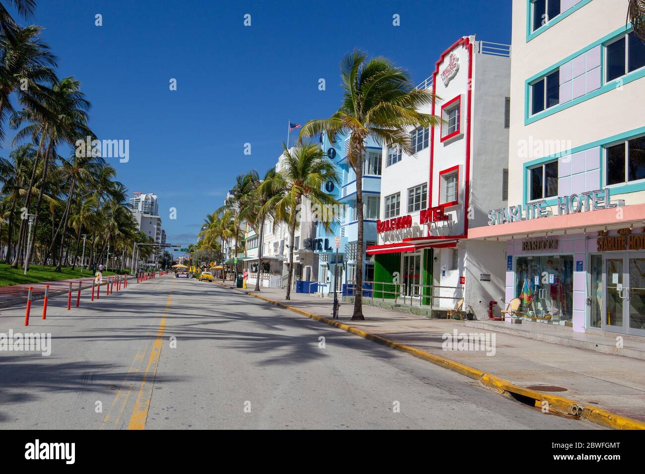 A deserted Ocean Drive, South Beach, Miami Florida. The street is closed to traffic because of the Coronavirus. Stock Photo