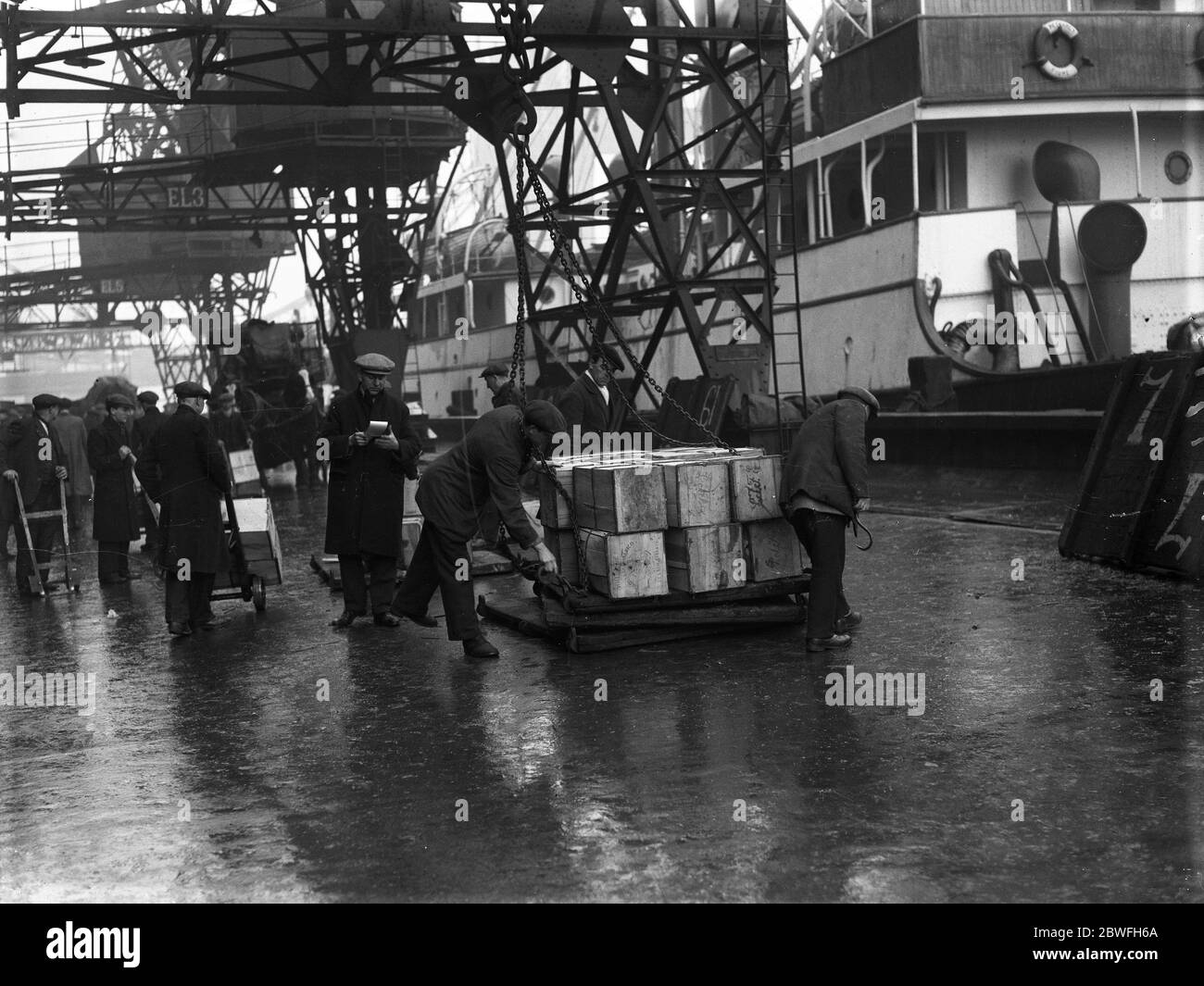 At Butler's Wharf . Unloading a consignment of four million lemons from Messina from the Italian ship, ' Petrarcha ' . Bought and paid for before October 19 when sanctions were imposed , they are to be auctioned at the premises of a City firm of fruit importers near Spitalfields market . 18 February 1936 Stock Photo