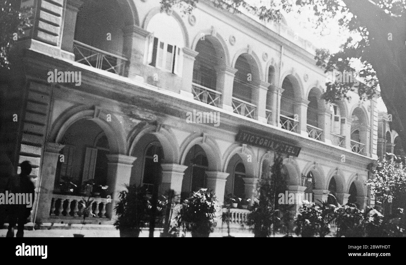 Bomb at a banquet . A bomb was thrown through a window of the Victoria Hotel , Canto , during a dinner to M H Merlin , the Governor General of French Indo China . A view of the Victoria Hotel , Canton . 21 June 1924 Stock Photo