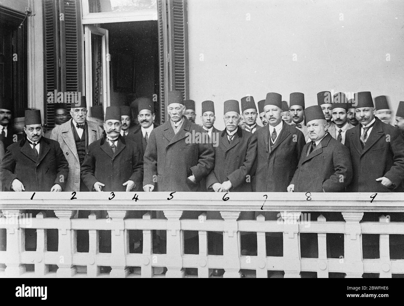 The Zaghloul Pasha Ministry . Left to right : Tewfik Pacha Nassim ( Ministre des Finances ) , Ahmed Mazloum Pasha ( Ministre des Wakfs ) , Mohammed Pasha Said ( Instruction Publique ) , Moustapha Nahas ( Communications ) , Saad Zaghloul Pasha ( President ) , Fathalia Pacha Barakat ( Agriculture ) , Morcos Hanna ( Travaux Publics ) , Hassan Pasha Hassib ( Guerre at Marine ) and Neguib Garabli ( Justice ) . 7 February 1924 Stock Photo