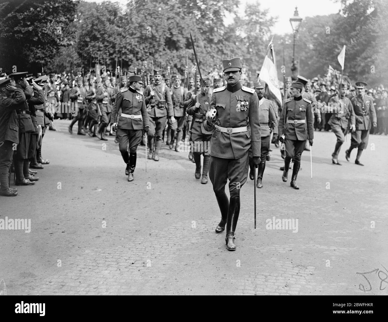 The Great Victory March . Colonel Milosavljevic leading the Serbian contingent . 19 July 1919 Stock Photo