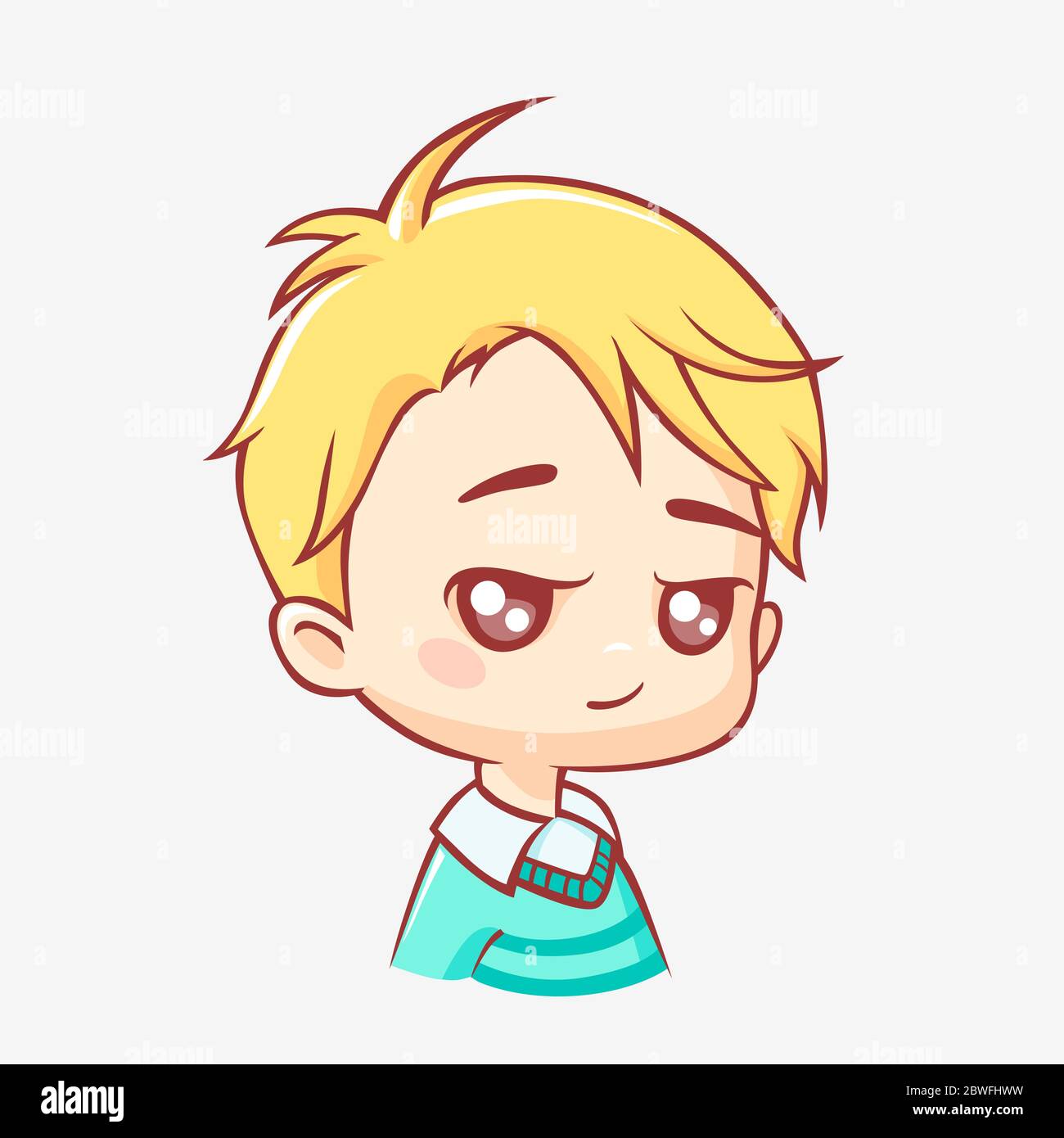 Little boy cartoon. Kawaii cunningly smiling cute boy with yellow haircut in green sweater. Stock Vector