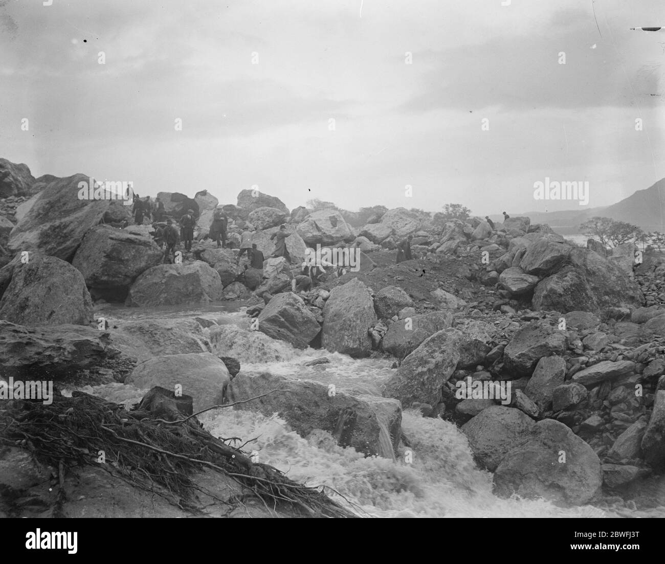 The Welsh disaster . Great boulders which hurled down the hillside by the flowing volume of water . 4 November 1925 Stock Photo
