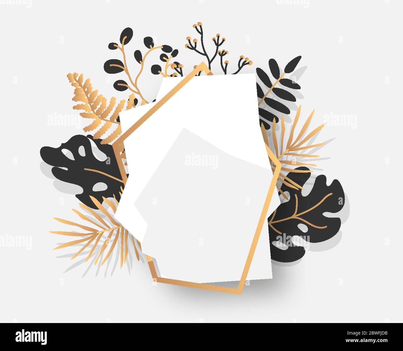 Abstract gold floral frame with exotic tropical leaves, branches, berries. Empty template for text. Luxury decorative modern polygonal geometric white banner. Polyhedron closeup. Vector illustration Stock Vector
