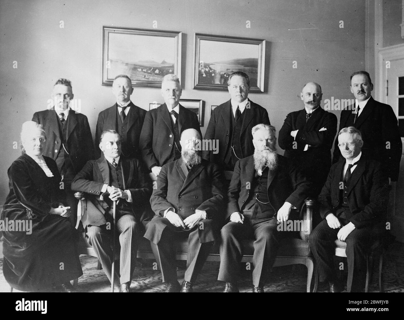 First Labour Cabinet in Denmark Standing , ( left to right ) M Bording ( Minister of Agriculture ) , Rev Dahl ( Ecclesiastical Affairs ) , M Rasmussen ( Minister of Defence ) , M Friis Skotte ( Public Works ) , M Hauge ( Minister of the Interior ) , M Steincke ( Minister of Justice ) Sitting ( Left to right ) Mrs Nina Bang ( Minister of Public instruction ) , Count Moltke ( Foreign Office ) , M Stauning ( Premier and President of the Board of Industries Trade and Shipping ) , M Broghjerg ( Minister of Social Affairs ) , M Bramsnaes ( Minister of Finance ) 29 April 1924 Stock Photo