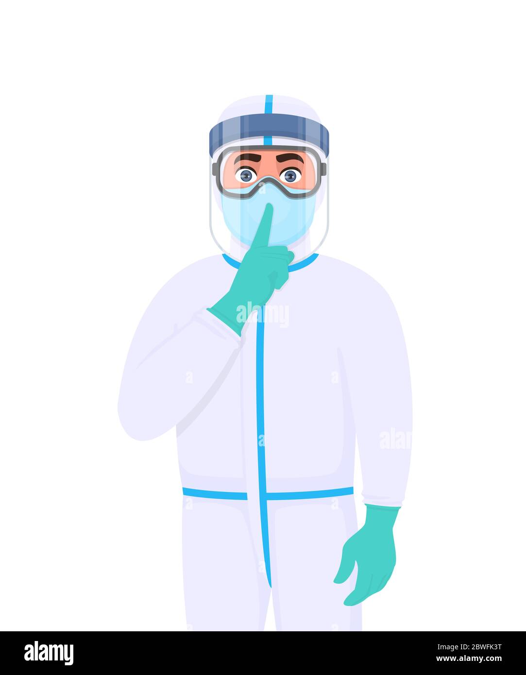 Doctor in protective suit asking silence gesture sign. Medical staff wearing face shield and showing finger on lips. Physician covering with safety Stock Vector