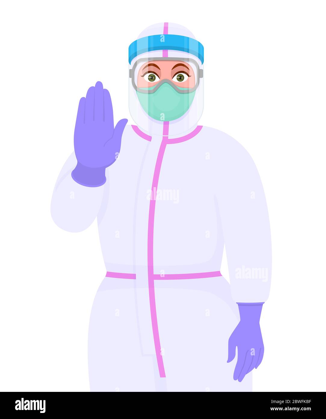 Female doctor wearing personal protective equipment (PPE) suit, face mask  and showing stop sign. Physician or surgeon gesturing warning signal Stock  Vector Image & Art - Alamy