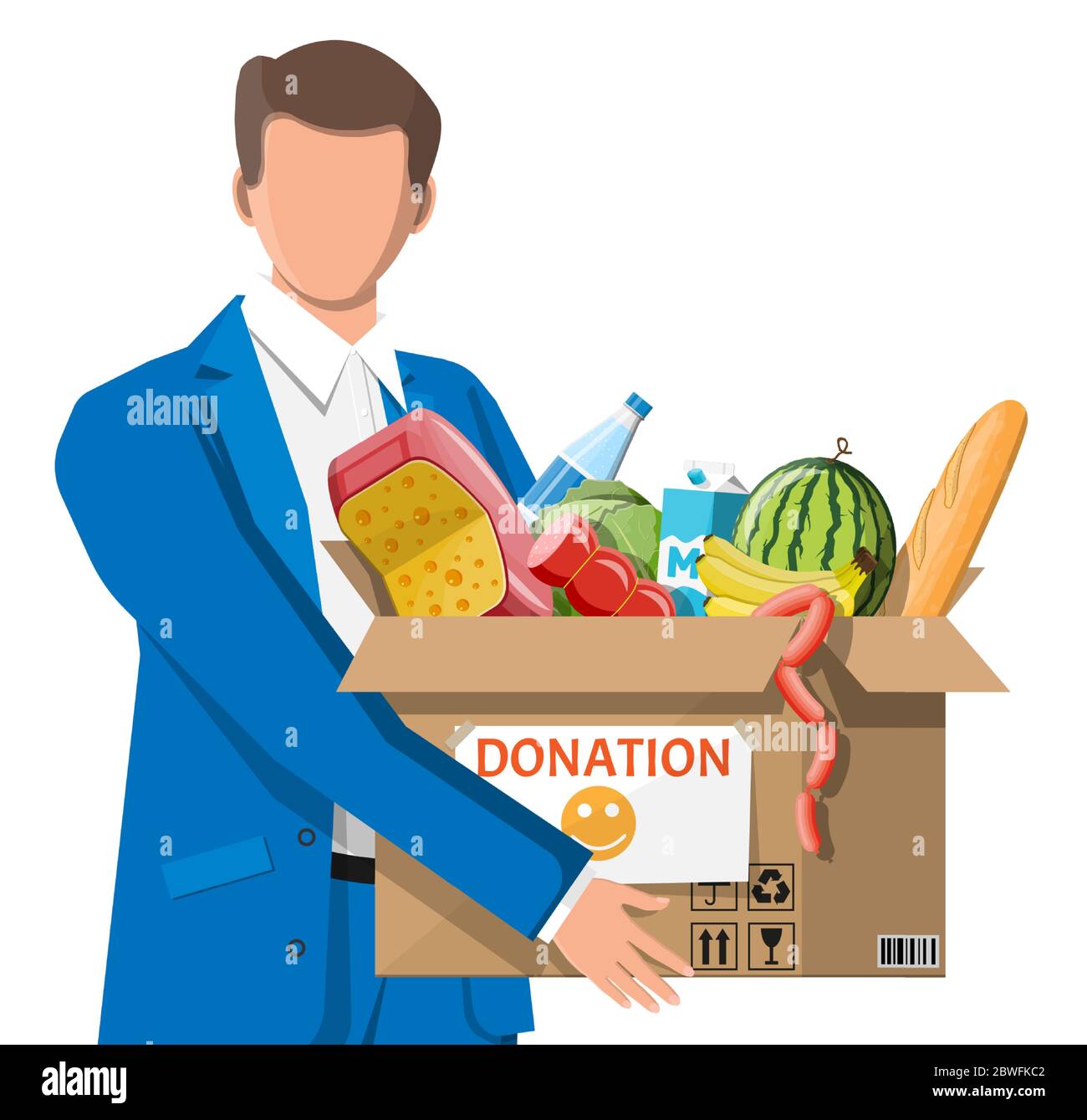 Man holding cardboard box full of food. Needed items for donation