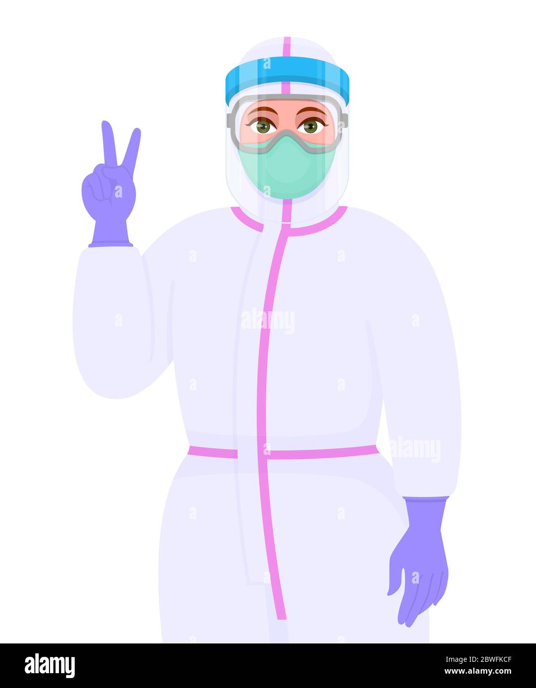 Female doctor in safety protective suit, mask and face shield showing victory or peace gesture sign. Physician gesturing success/winner hand symbol. Stock Vector