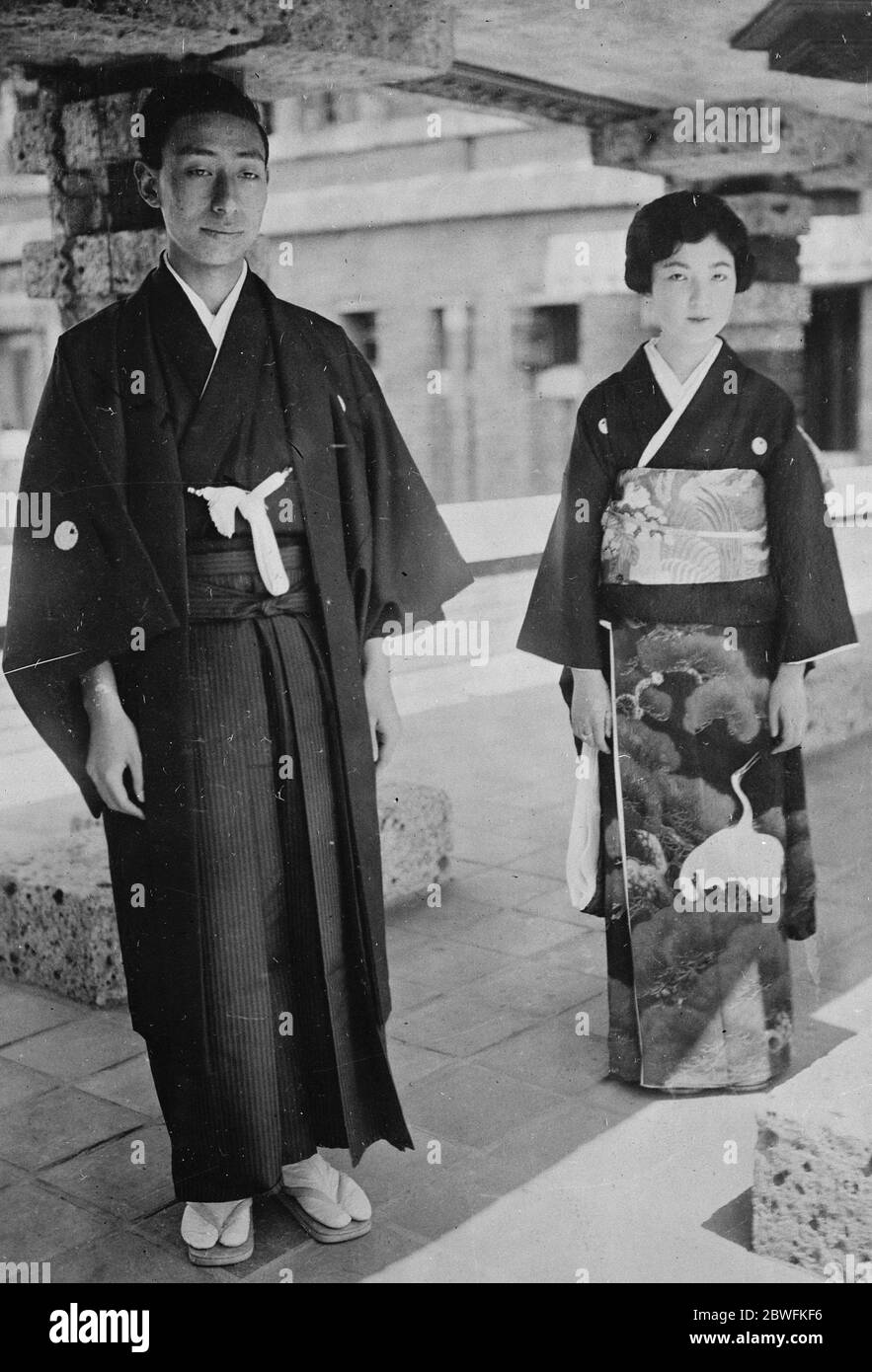 Japanese Society Mr Kocho Otani , heir of Count Otani , and his bride , sister of the Crown Princess , at Imperial Hotel , on a visit to the capital to pay respects to imperial relatives in Tokyo 19 June 1924 Stock Photo