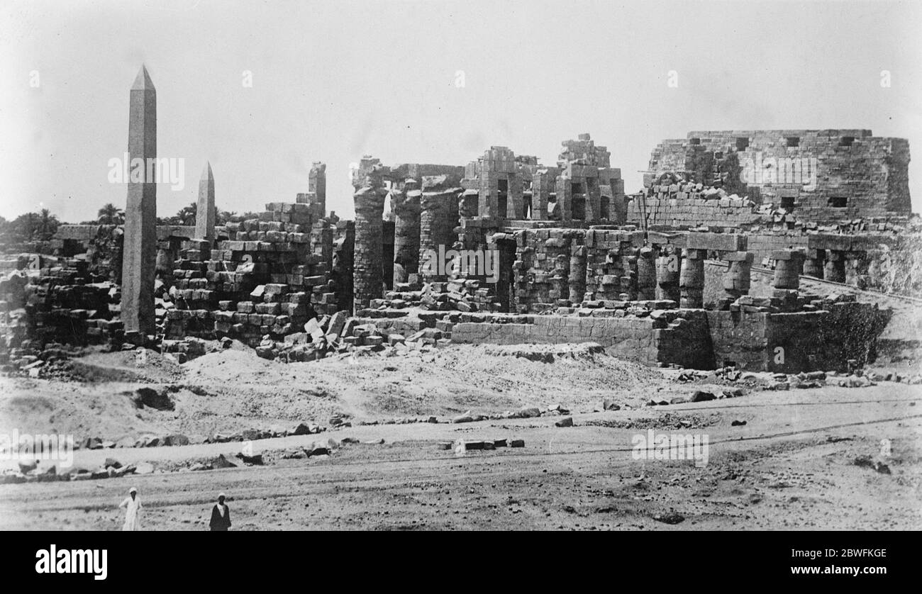 Famous temple in peril . It is reported that messages from Cairo state that the great Temple of Karnak is in grave danger on account of the infiltration of water , which is threatening the entire destruction of the monument . The Temple of Karnak . 23 March 1925 Stock Photo