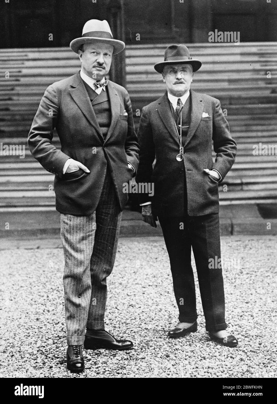The new French cabinet . M Caillaux ( right ) who returns to office in M Painlave 's Cabinet with M de Monzie , the new Minister of Education , who for a few days held office in the Herriot Cabinet as Minister of Finance . 17 April 1925 Stock Photo