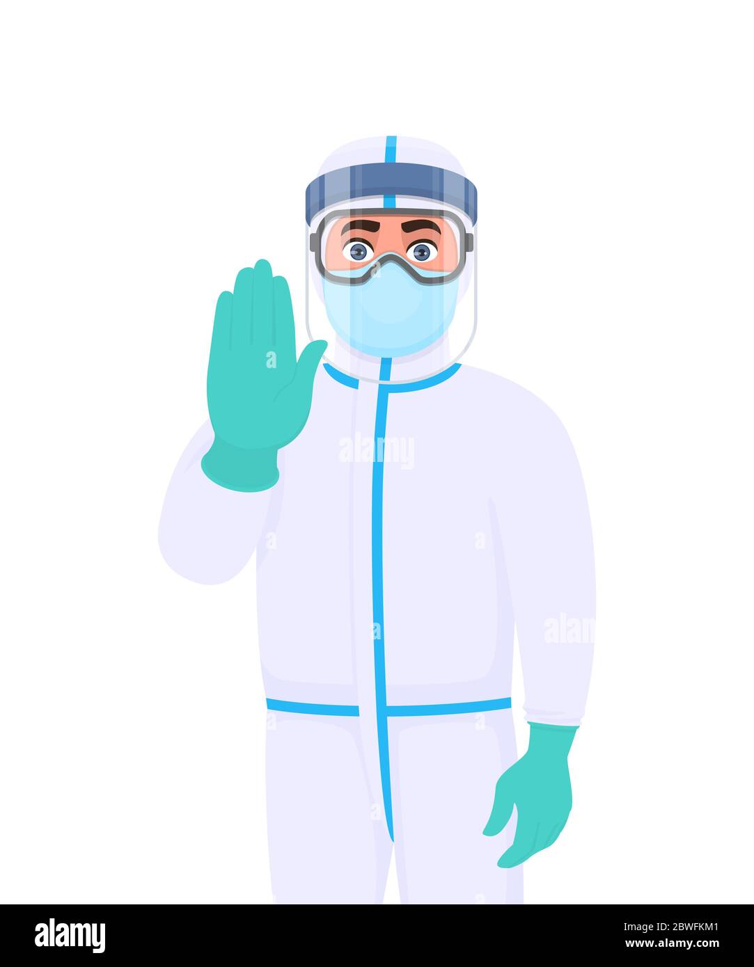 Doctor in protective suit showing stop gesture sign. Medical person ...