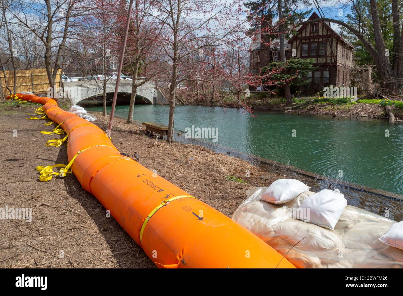 Detroit, Michigan - The city has installed orange flood control barriers around the canals on the city's east side to protect homes from flooding expe Stock Photo