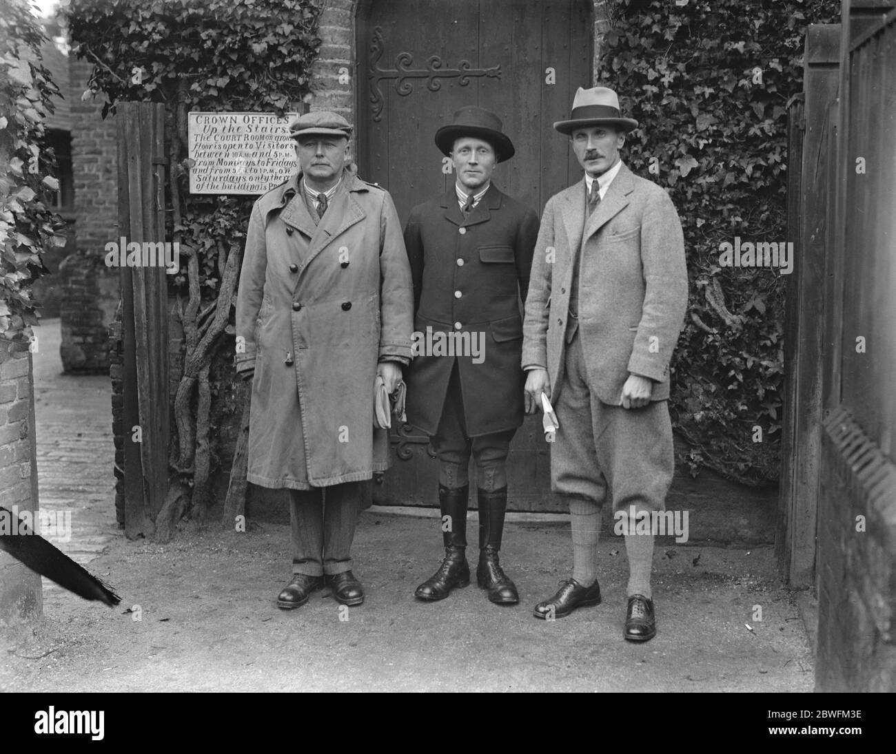 A feudal court . The court of Swainmote and attachment met at New Forest Hall , Lyndhurst , to hear cases of offences against New Forest law . Lord Montagu of Beaulieu ( left ) and Major Mills , who were elected Verderers , with the crier . 11 January 1926 Stock Photo