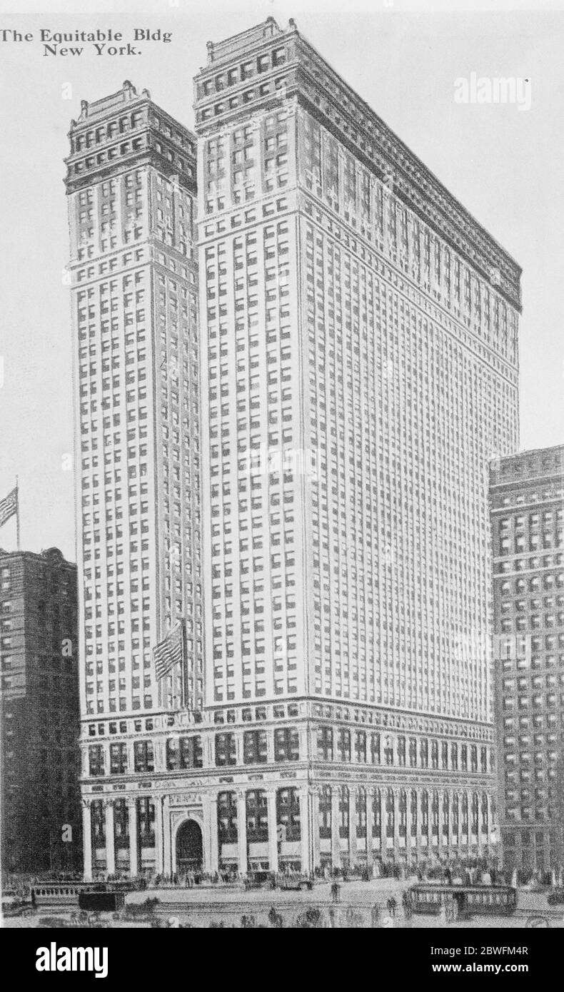 Great skyscraper ablaze The equitable building , New York , where a fire has broke out in the upper floors . It is the largest office skyscraper in America 16 Febraury 1926 Stock Photo