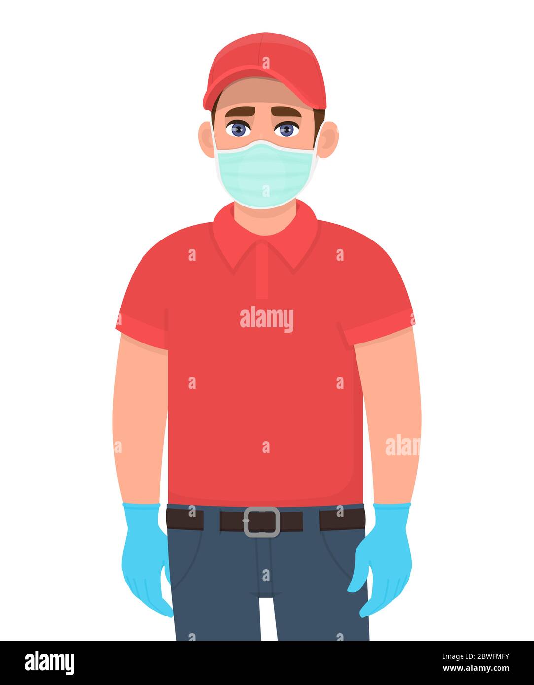 Courier or delivery man in safety protective medical mask and gloves. Online delivery or parcel service during quarantine. Corona virus disease. Stock Vector
