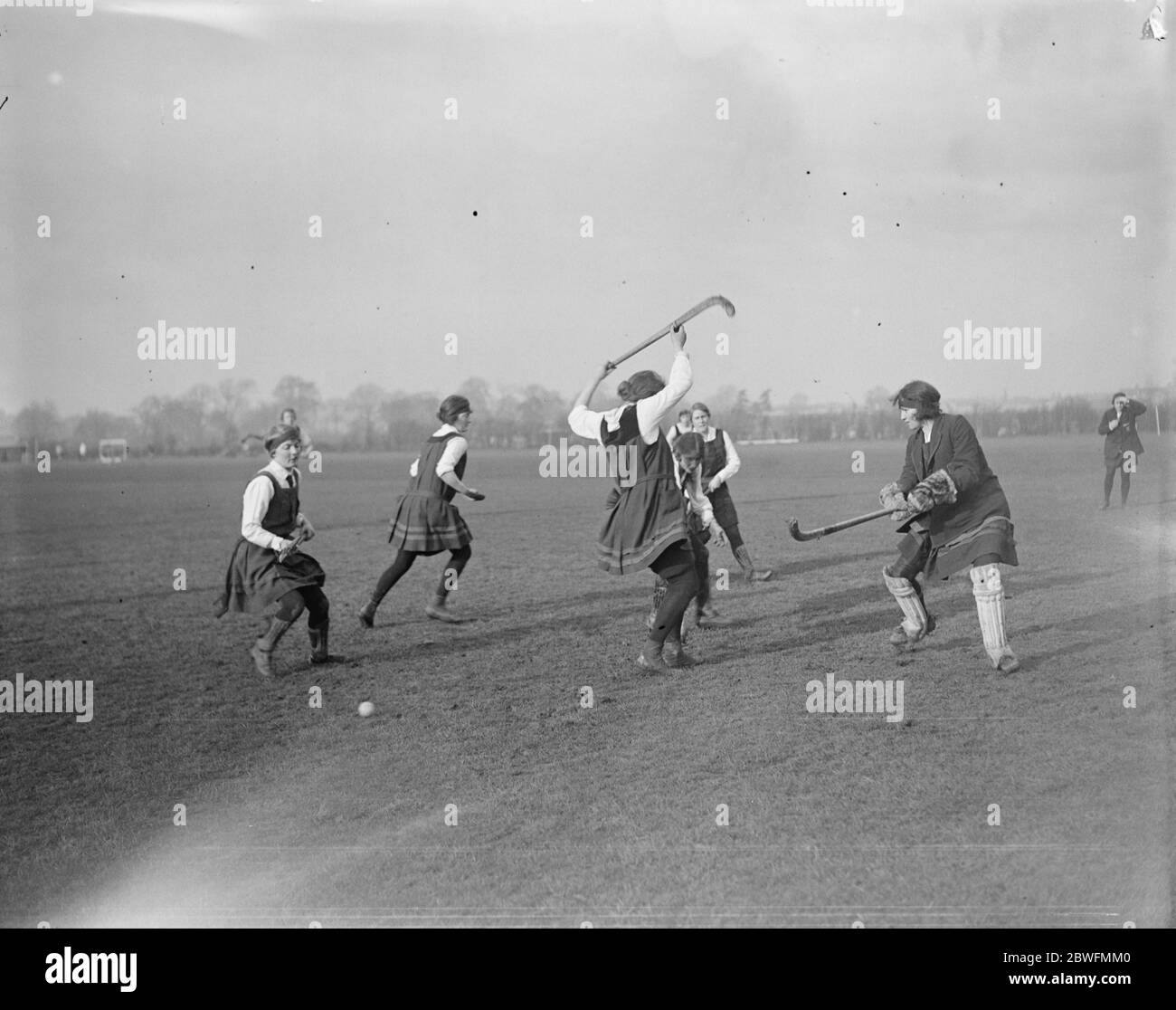 Ladies Hockey at Edmonton The King ' s College hockey team met the London School of Medicine at Edmonton in the semi final of the Inter College Cup A tense moment in front of the King ' s College goal 16 February 1924 Stock Photo