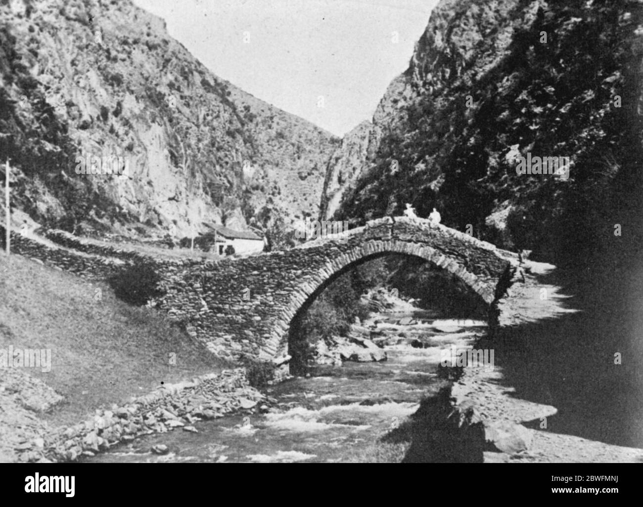 Republic of Andorra . The bridge and canyon of Sant Antoni . It is said that on this bridge Charlemagne and the Count of Urgel signed the treaty of the liberty and privileges of Andorra . 4 October 1926 Stock Photo