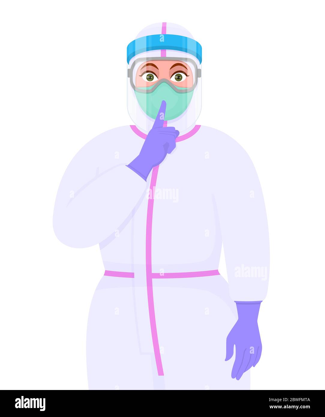 Female doctor in safety protective suit, mask and face shield showing finger on lips. Physician asking silence hand symbol. Keep quiet! Sh! Corona Stock Vector