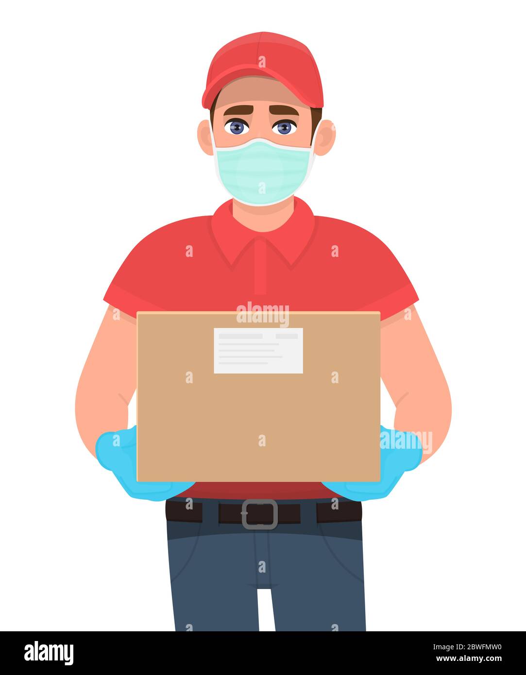 Courier or delivery man in safety protective medical mask, gloves holding parcel cargo box. Door delivery service during quarantine. Person vector. Stock Vector