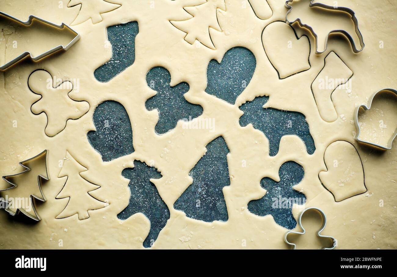 Christmas baking background. Christmas cookies for children for the holiday. Christmas, cosiness, home and family concept. Stock Photo